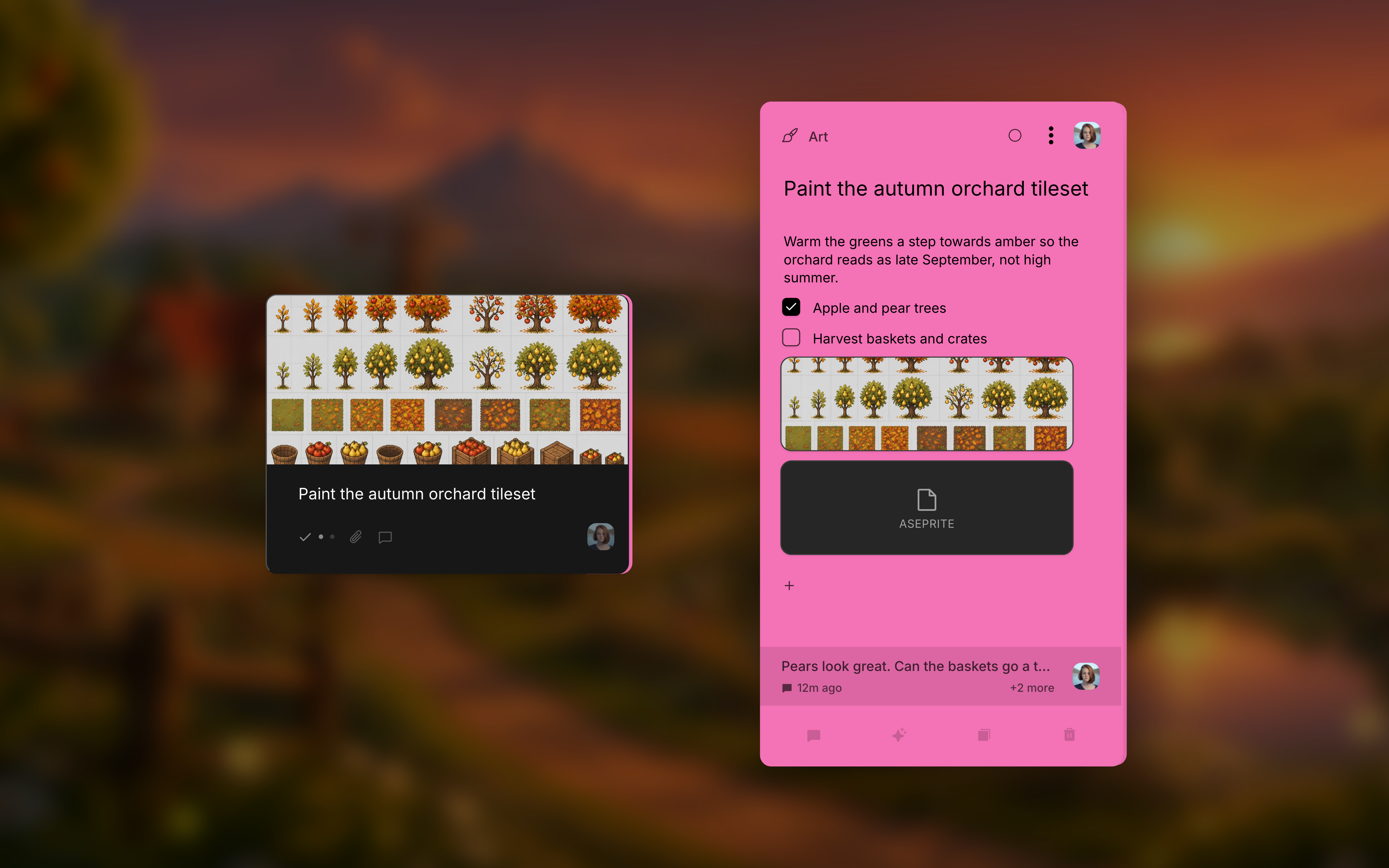 Close-up of the same Kanbanq task card twice: closed on the board with its cover and checklist progress, and open, filled with its pink Art category colour, showing a note, a checklist, an image and a file