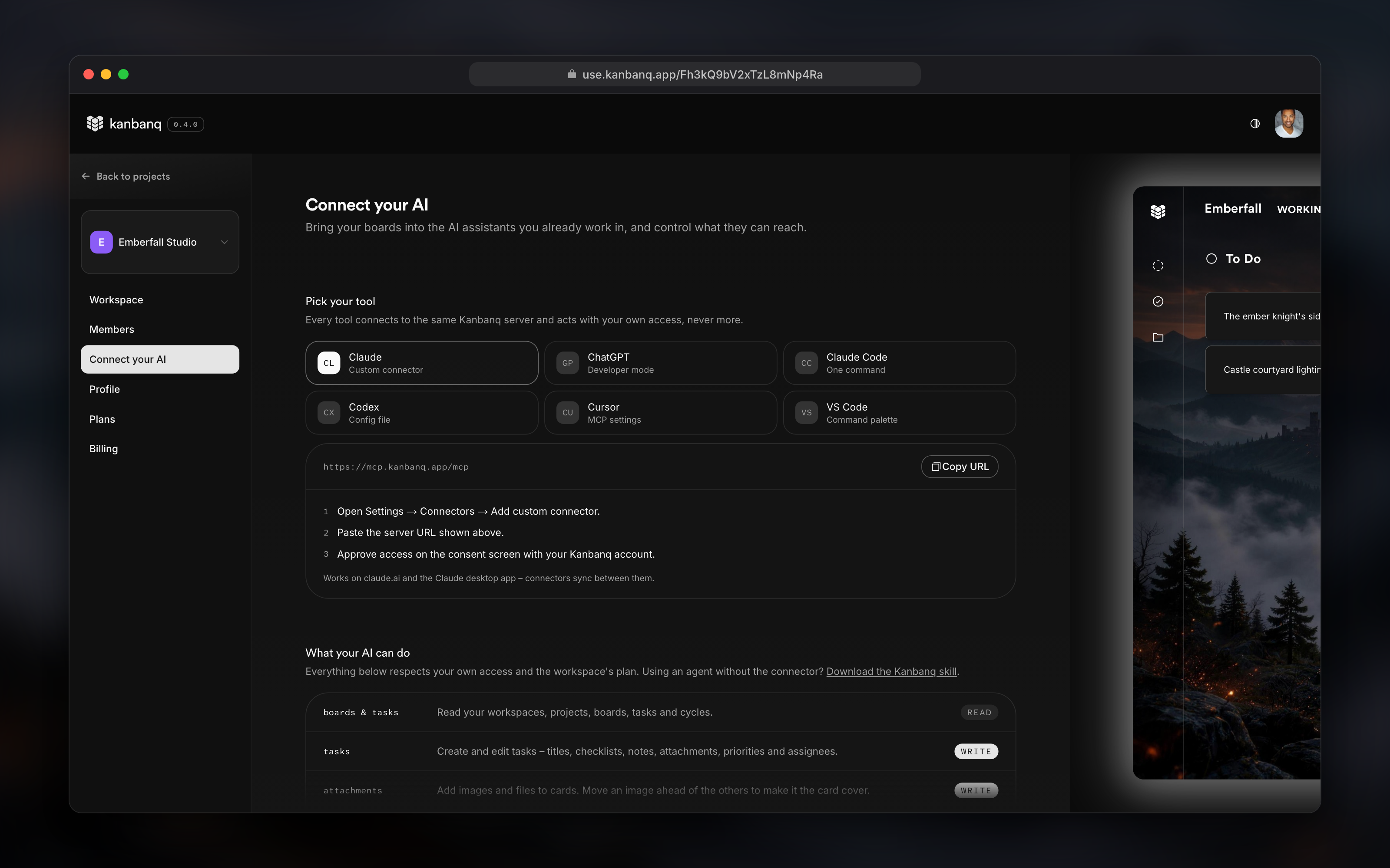 Kanbanq's Connect your AI settings, listing Claude, ChatGPT, Claude Code, Codex, Cursor and VS Code with the server address