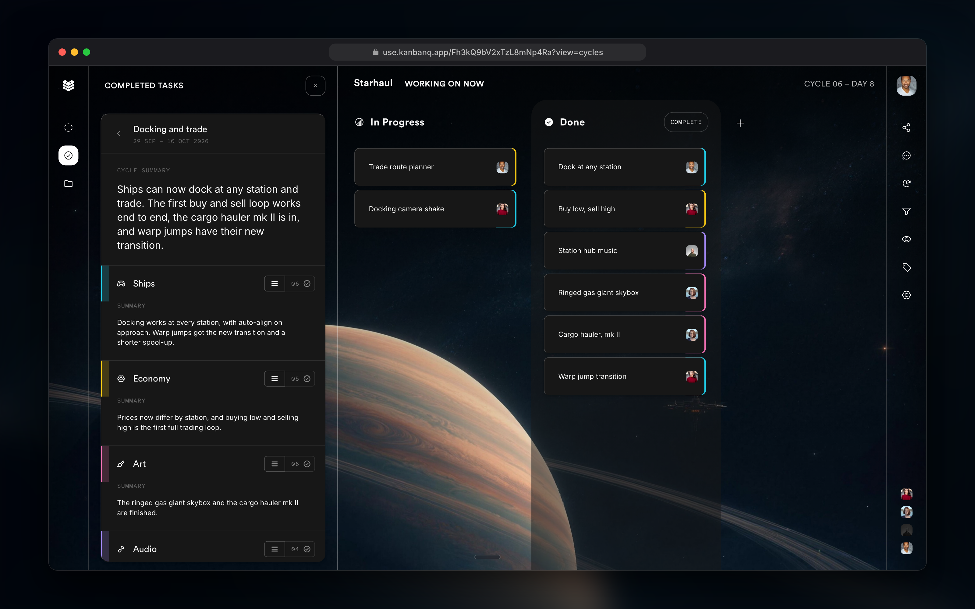A completed Kanbanq cycle with its written summary and a summary for each category of shipped tasks
