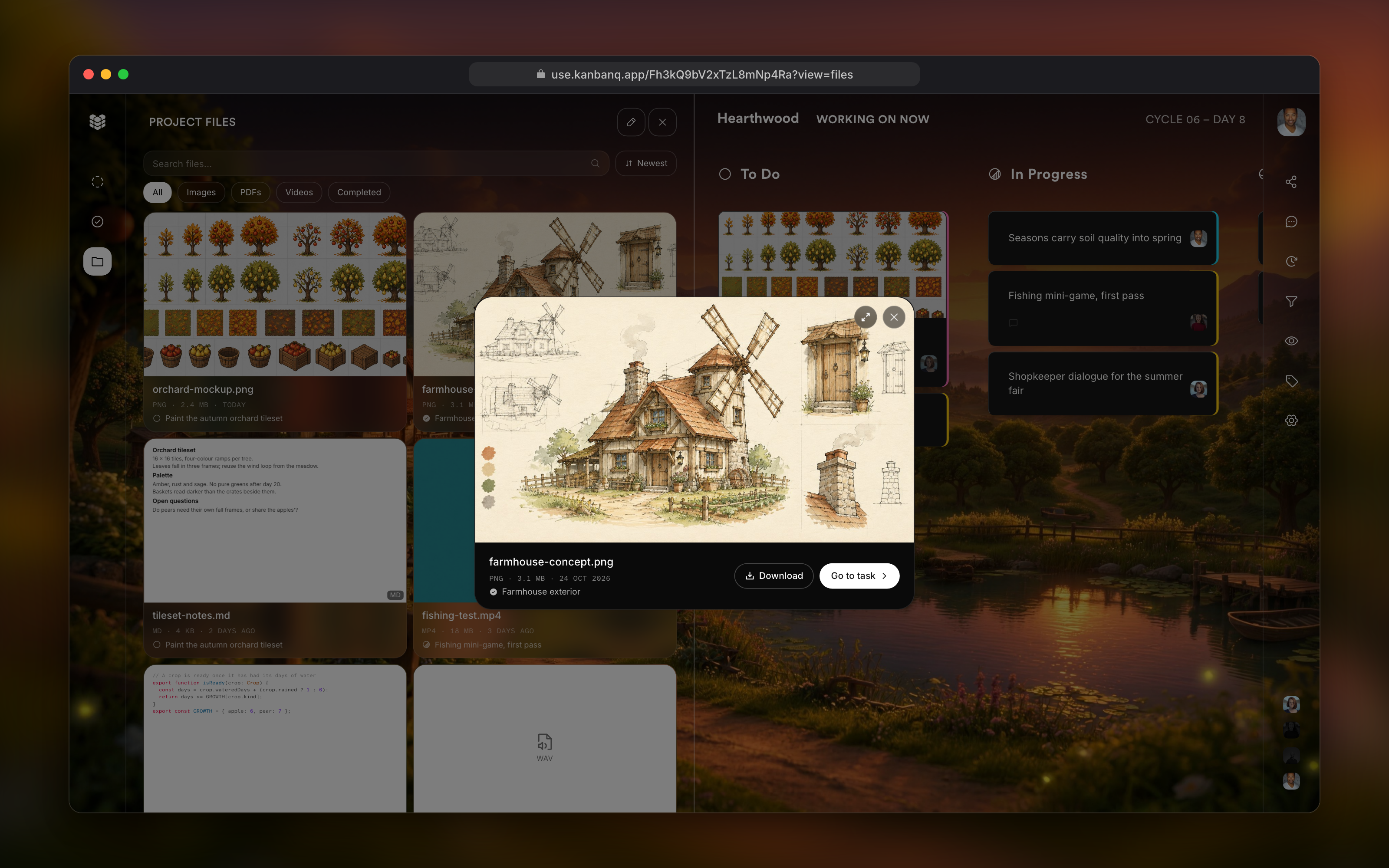 Kanbanq's Project files browser beside the board, with one image open in the file viewer and a Go to task button