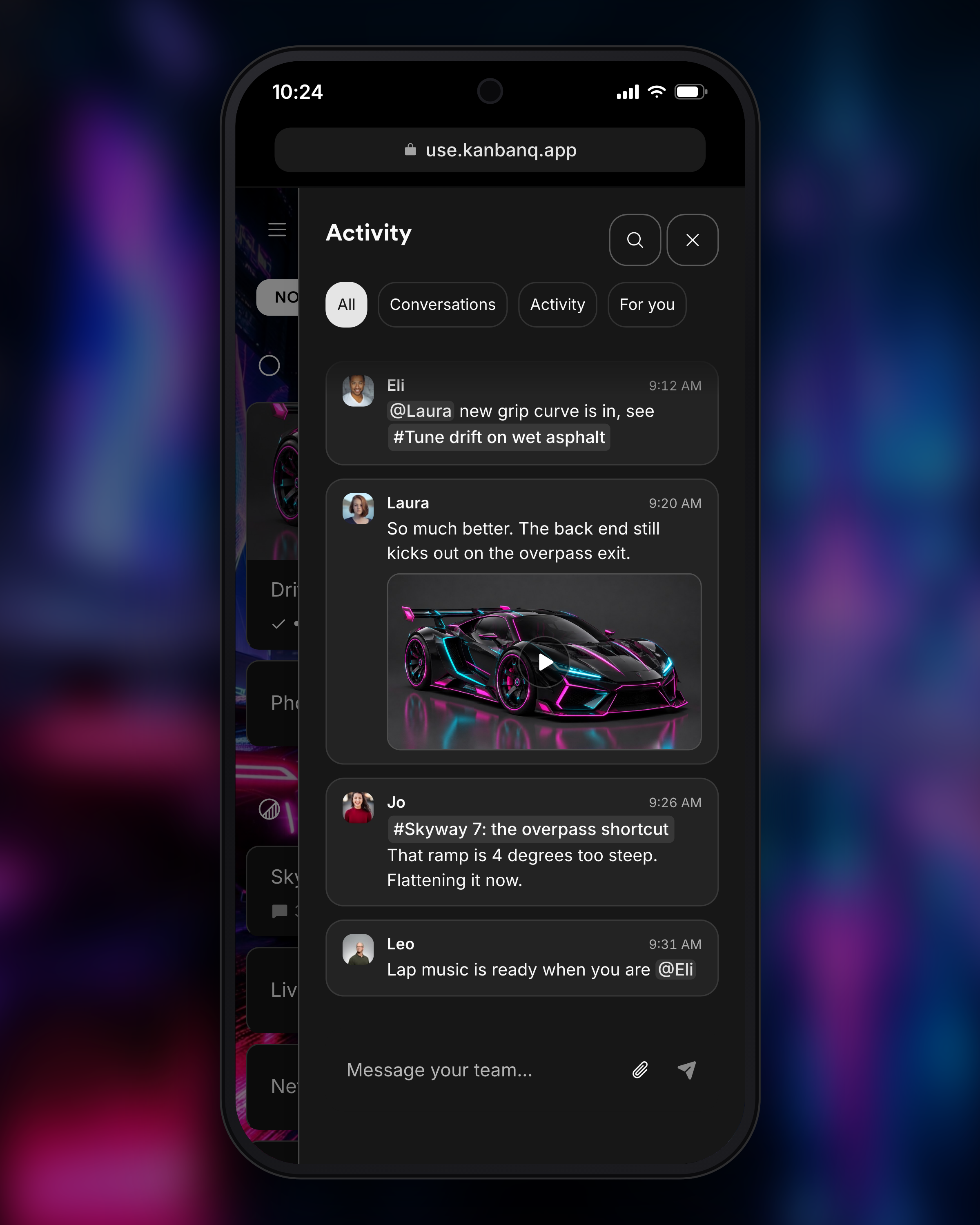 Kanbanq's Activity conversation in a sheet on a phone, with teammates' messages, a posted video and links to cards