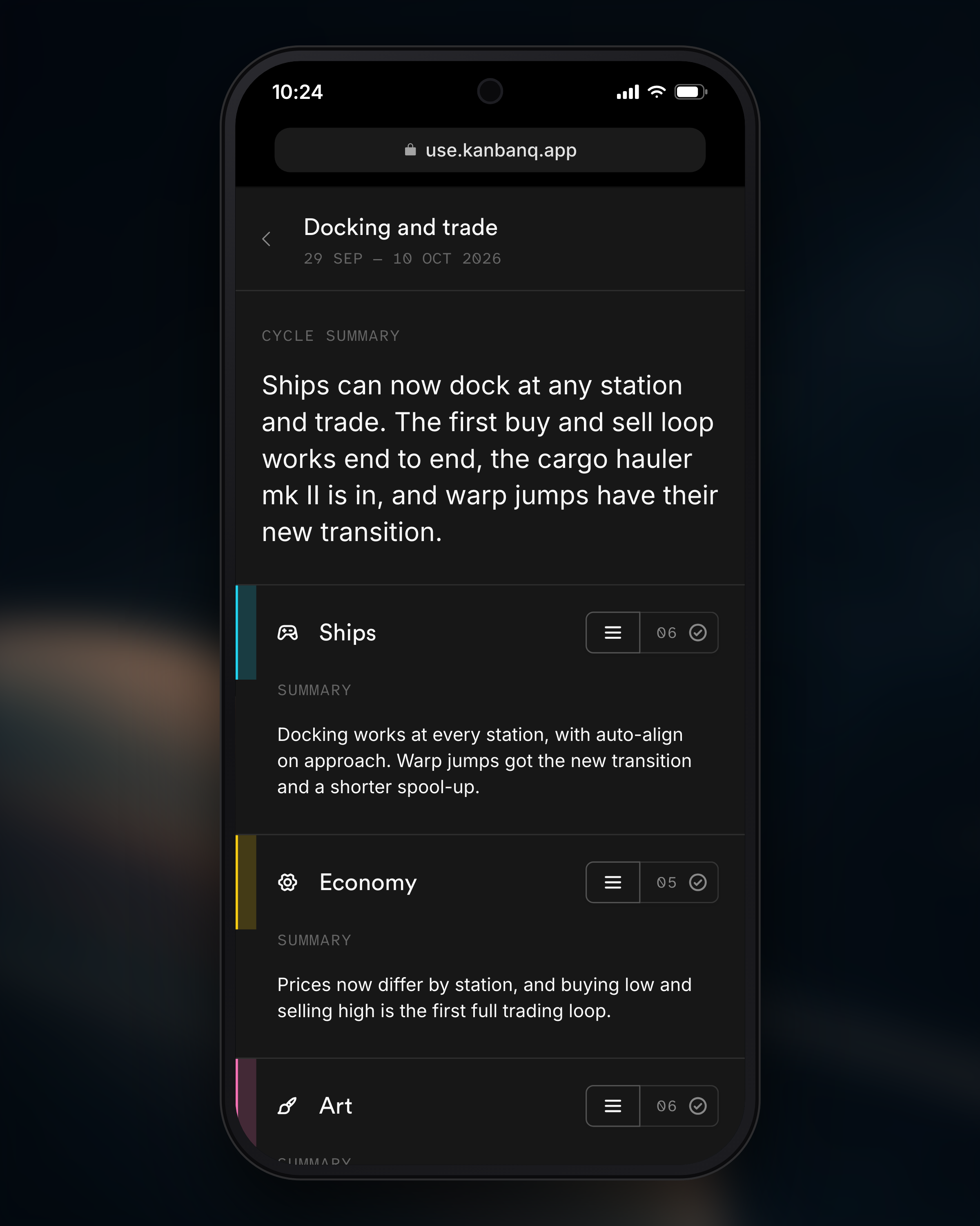 A completed Kanbanq cycle opened on a phone, with its written summary and a summary for each category