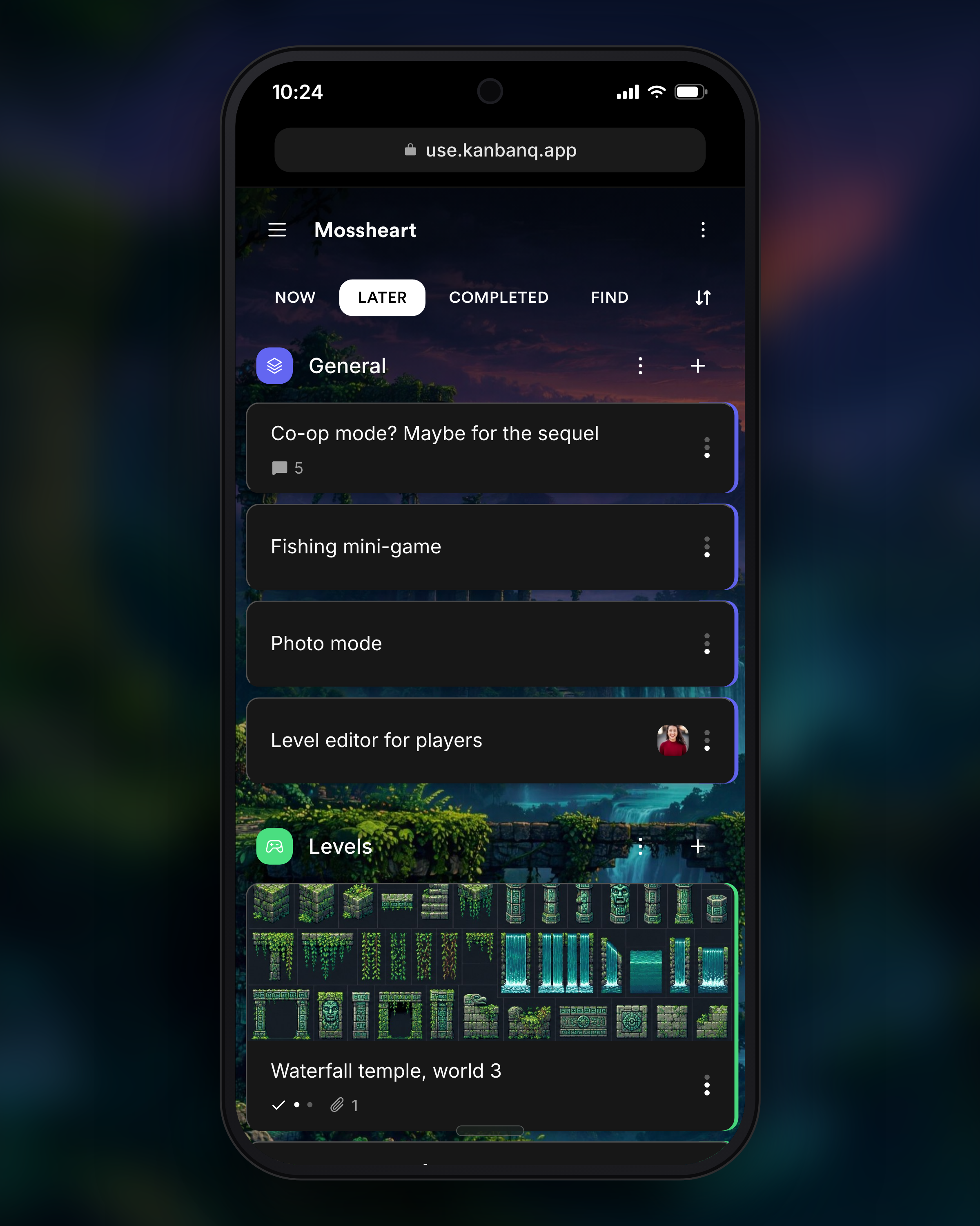 Kanbanq's Later tab on a phone, with parked ideas grouped by category