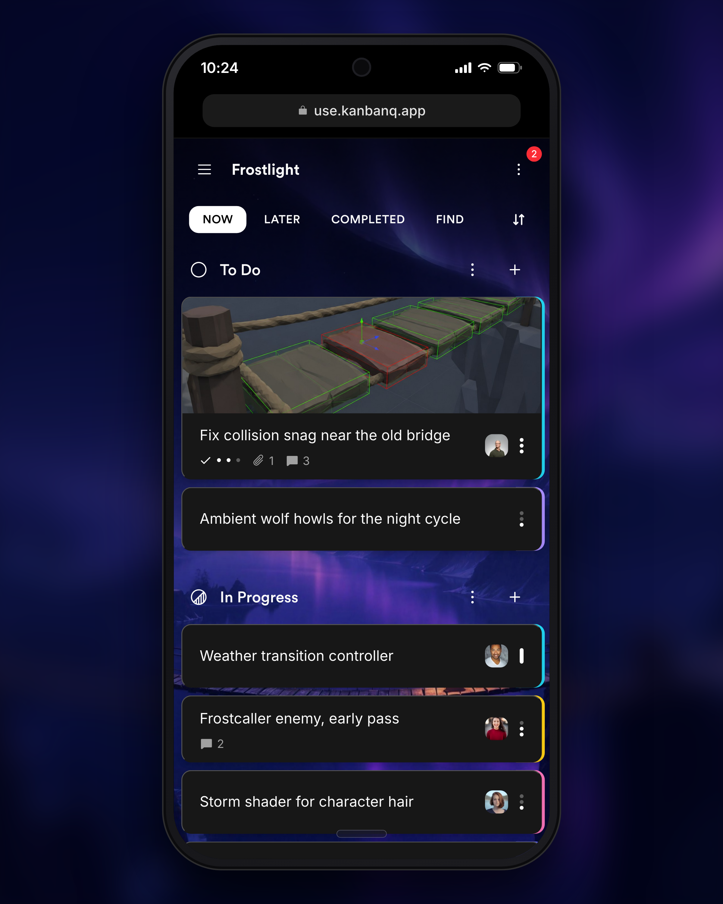 Kanbanq on a phone's browser at use.kanbanq.app: the Frostlight board as stacked To Do and In Progress sections under the Now, Later, Completed and Find tabs